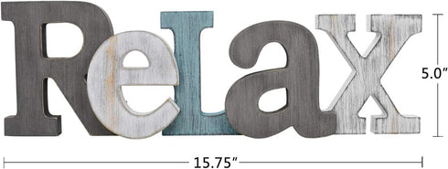 E-view Rustic Wooden Teal Home Sign Decorative Cutout Letters Freestanding Block Word Sign Hanging Ornament Table Shelf Decor (Relax)