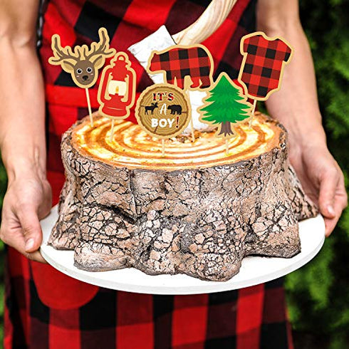 Lumberjack Baby Shower Cupcake Toppers Decorations, Buffalo Plaid Winter It's a Boy Gender Reveal Lumberjack Themed Cake Party Supplies, 48pcs