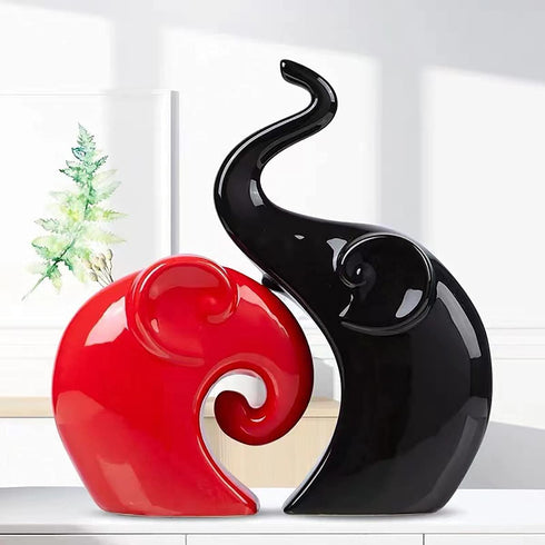 2 Pieces Ceramic Elephant Decor Figurine Elephant Statues for Home Decor Bookshelf Living Room Office Desk Elephants Statue Sculpture Decoration Accents (Red Black Elephant)
