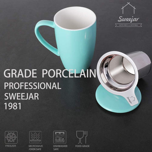 SWEEJAR Porcelain Tea Mug with Infuser and Lid, Teaware with Filter, Loose Leaf Tea Cup Steeper Maker, 16 OZ for Tea/Coffee/Milk/Women/Office/Home/Gift (Turquoise)