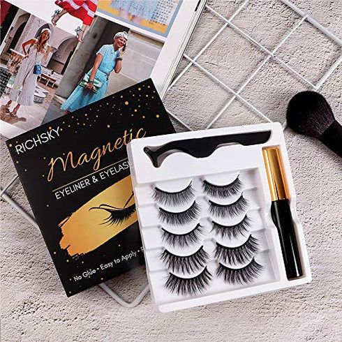 Richsky Magnetic Eyelashes, 3D Reusable Natural Magnetic Eyelashes Waterproof Set with 10ml Upgraded Hypoallergenic Magnetic Eyeliner Kit,Easy to Apply-No Glue(5 Pairs)