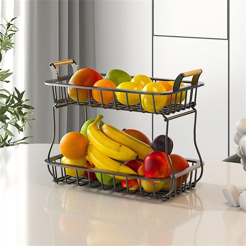 Tngan 2 Tier Fruit Basket Detachable Metal Wire Basket with Wooden Handles Fruit Bread Vegetables Storage Bowl Holder for Kitchen Worktop Dining Table, Black