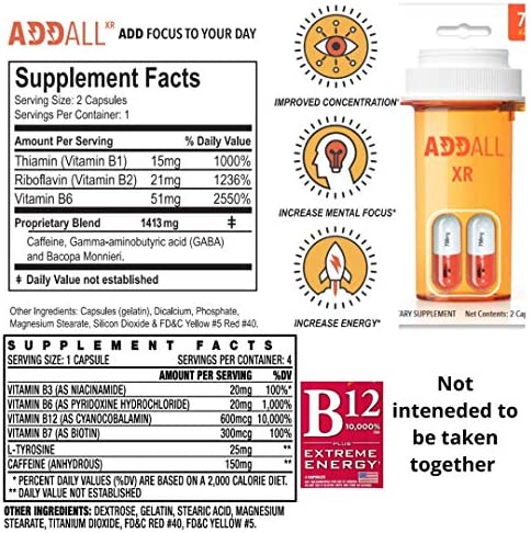 Addall XR Brain Boost Supplement Increase Mental Focus, Improve Concentration Supplement 750 mg/Capsule - 5 Pack (10 Capsules) - Ships in a Box + Free Pack of Vitamin B12 Pills (4 Capsules)