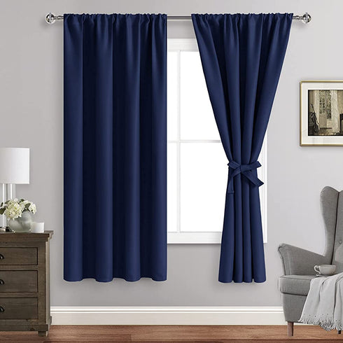 ROSETTE Blackout Curtains for Bedroom - Thermal Insulated Room Darkening Noise Reducing, 42 x 63 Inch Length Curtains for Living Room, Set of 2 Panels with Tiebacks, Navy Blue