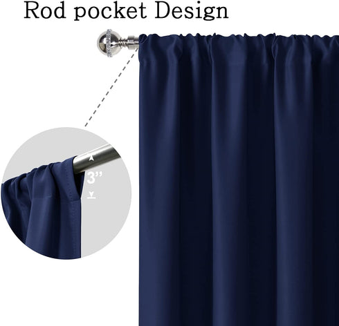 ROSETTE Blackout Curtains for Bedroom - Thermal Insulated Room Darkening Noise Reducing, 42 x 63 Inch Length Curtains for Living Room, Set of 2 Panels with Tiebacks, Navy Blue