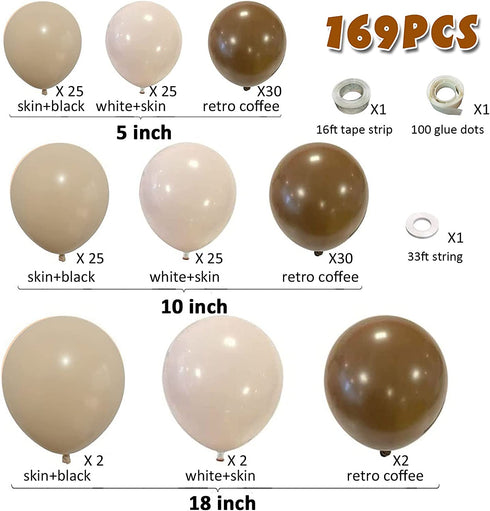 169pcs Brown Balloons Garland Kit with 18In 10In 5In Double-Stuffed Neutral Coffee Blush Nude Balloons for Tear Bear Jungle Safari Woodland Themed Wild One 1st Birthday Wedding Thanksgiving Boho Party Decorations (Brown/Blush/Nude)
