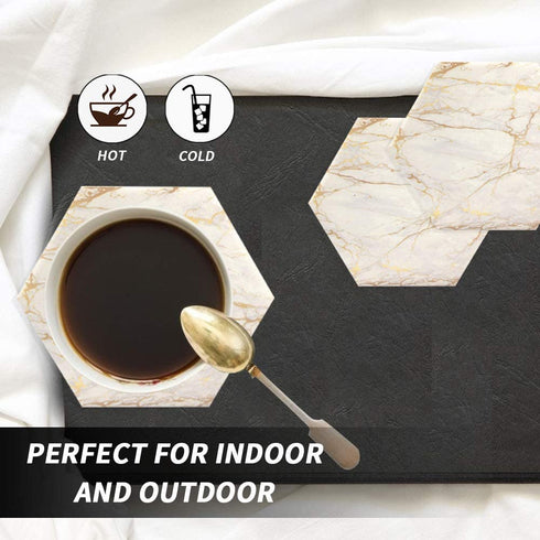 Marble Coasters for Drinks Absorbent with Cork Base, 8pcs Drink Coasters for Wooden Table with Metal Holder, Gold Ceramic Cup Coaster Set Rustic Home Decor for Living Room Bar - Housewarming Gifts