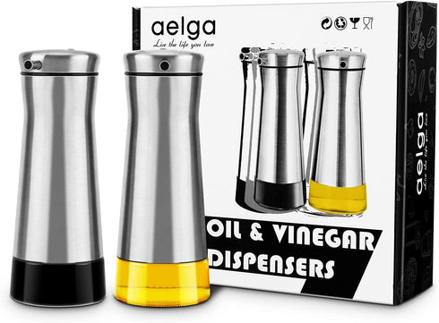 Olive Oil And Vinegar Dispenser Bottle Set by Aelga -2 Pack Elegant Stainless Steel Oil Dispenser Set- Oil Dispenser Bottle for Kitchen with Drip Free