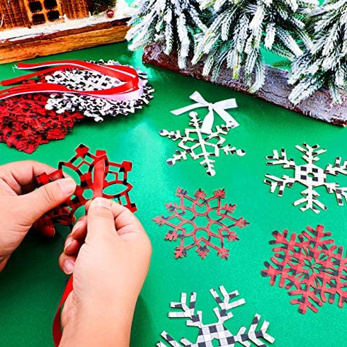 60 Pieces Christmas Snowflakes Cutouts Ornaments Red White Black Buffalo Plaid Christmas Snowflake Paper Cutouts with Ribbon for Christmas Party Decor Accessories (Simple Style)