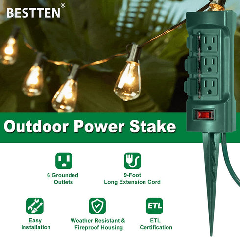 BESTTEN Outdoor Power Strip with Covers and Overload Protection Switch, Double Sided 6-Outlet Yard Power Stake with 9-Foot Long Extension Cord, ETL Certified, Green