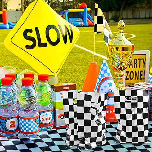 BeYumi 50Pcs Checkered Racing Treat Bags with 4Pcs Stickers, Race Car Theme Party Favor Bags, Plastic Goodies Candy Treat Bags Return Loot Bags Party Supplies for Kids Birthday and Sport Event