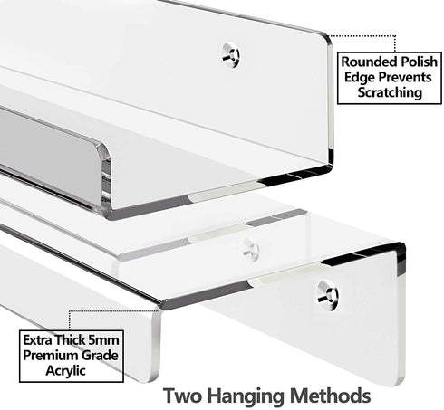 hblife 15" Clear Acrylic Floating Wall Ledge Shelf, Wall Mounted Nursery Kids Bookshelf, Invisible Spice Rack, Clear 5MM Thick Bathroom Storage Shelves Display Organizer, 15" L x 4" D x 2" H, Set of 3