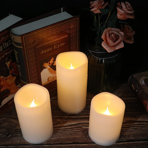 Eldnacele Flameless Flickering Waterproof Outdoor Candles with 10-Key Remote, All Weather Battery Operated LED Pillar Candles, Heat Resistant Plastic Candles Indoor Outdoor Lanterns D3"xH4" 5" 6