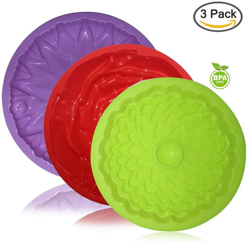 3 Pack Flower Shape Silicone Cake Bread Pie Flan Tart Molds, SENHAI Large Round Sunflower Chrysanthemum Rose Shape Non-Stick Baking Trays for Birthday Party DIY - Yellow,Red,Purple