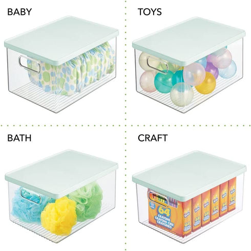mDesign Plastic Bathroom Under Cabinet Stacking Storage Organizer Bin Box with Lid - Holds Soap, Body Wash, Shampoo, Lotion, Conditioner, Towels, Accessories, Body Spray, Mouthwash - Clear/Mint