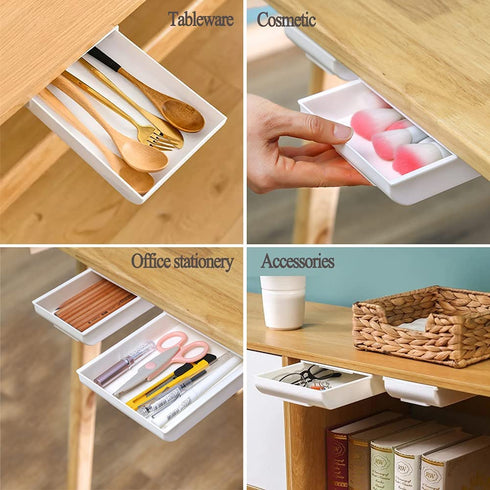 2 Pack Under Desk Drawer, Desk Accessories & Workspace Organizer, Pencil Holders, Hidden storage box, Self-Adhesive Drawer for desk/closet/bookcase/kitchen cabinet etc. (L+M)