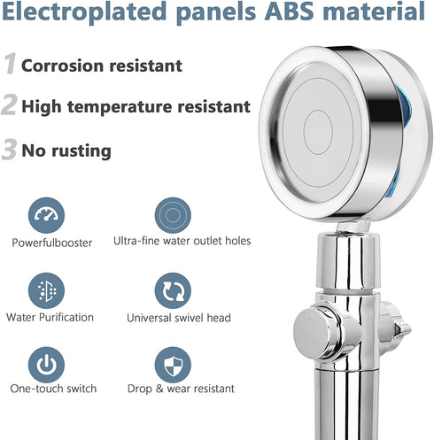 Handheld Shower Head Turbocharged Unique Propeller Design with Filter and Pause Switch Adjustable Flow, 360 Degrees Rotating(Blue)