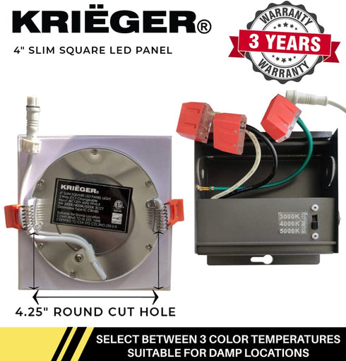 Krieger LED Recessed Ceiling Light Fixture, 4 Inch Ultra-Thin Square with Rounded Back, 3 Color Temperature Options, Dimmable, 750 Lumen, 9 Watt (60W Equivalent), Quick Install - ETL and ES Certified