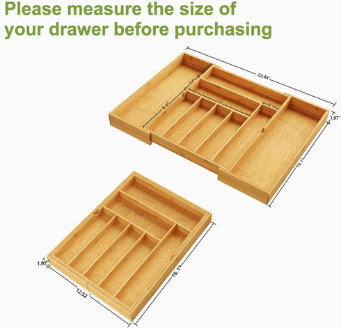 BAMEOS Utensil Drawer Organizer, Cutlery Tray Desk Drawer Organizer Silverware Holder Kitchen Knives Tray Drawer Organizer, 100% Pure Bamboo Expandable Adjustable Cutlery