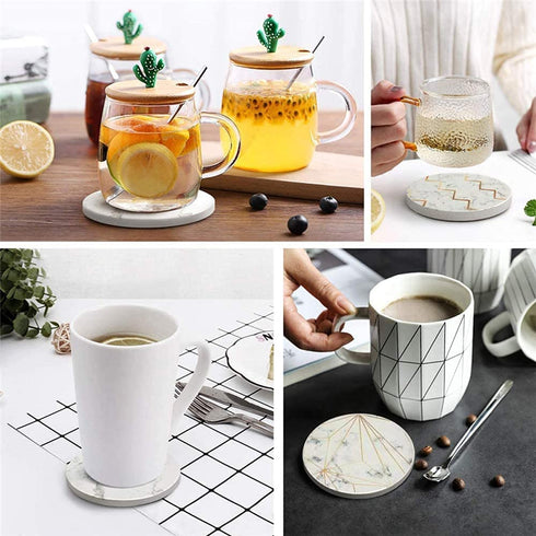 Ipeovrn Coasters for Drinks, Absorbent Ceramic Stone Coaster Set with Metal Holder Stand, Cork Base, for Home Decor, Set of 6 - White