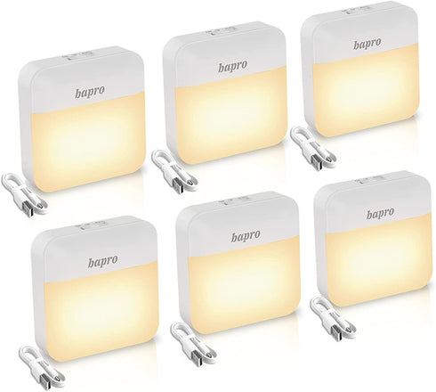 6pack LED Night Lights Dusk to Dawn Sensor, Bapro Stick-on Nightlight Rechargeable Warm White 3000K Under-Cabinet Lighting Wireless Light for Bedroom, Kitchen, Hallway, Stairs, Closet Counter