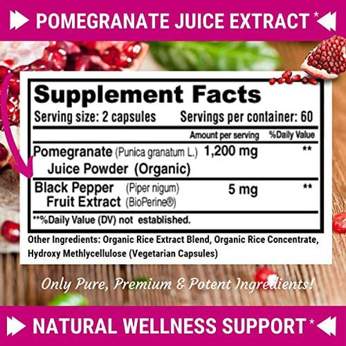 Premium Pomegranate Juice Powder Supplement 1200mg, Supports Healthy Blood Pressure, Joints, Skin & Anti Aging with Bioperine Black Pepper, Powerful Antioxidant with Vitamin C & K, 120 Vegan Capsules
