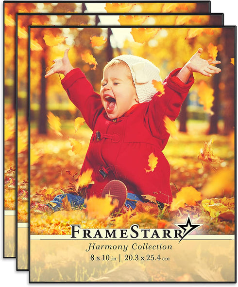 FrameStarr 8x10 Picture Frame Set (Black, 3 Pack), Front-Loading Contemporary Modern Style, Tabletop or Wall Mount, Harmony Collection