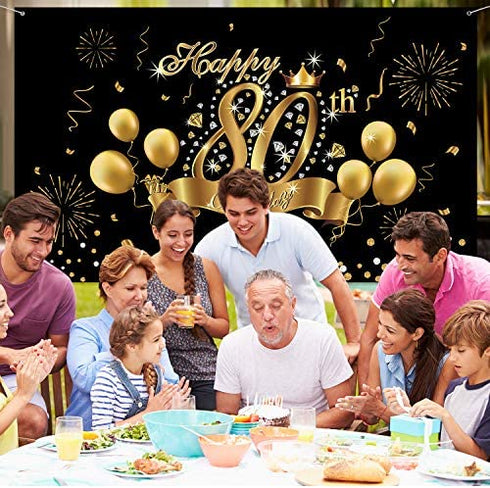 Happy 80th Birthday Decoration Banner Backdrop Party Decoration, Black Gold 80 Birthday Banner Sign Poster for 80th Anniversary Photo Booth Props Background Birthday Party Supplies, 72.8 x 43.3 Inch