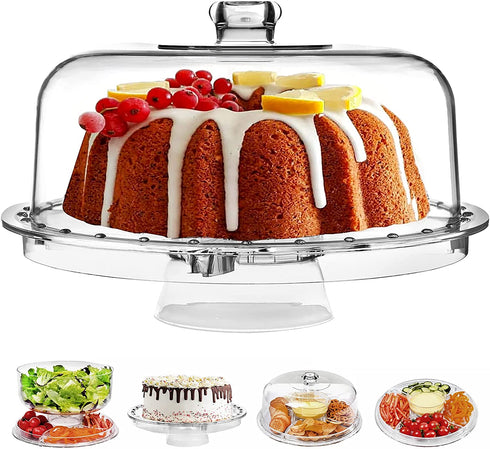 HBlife Acrylic Cake Stand with Dome Cover Multifunctional Serving Cookie Platter Punch Bowl and Cake Plate for Dessert Table Display for Parties (6 Uses)