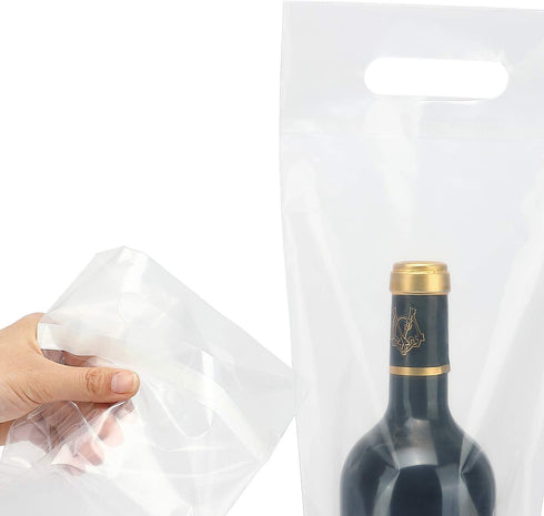 Wine Bottle Doggy Bag 100 Pack: Carryout Adhesive Seal Tamper Proof Travel Bags for Restaurants, Bars, and Dinner Parties (Clear)