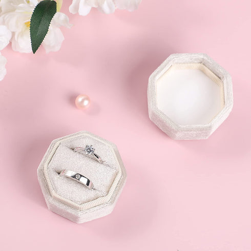 Velvet Ring Box, Etercycle Octagon Gorgeous Vintage Double Jewelry Ring Gift Box with Detachable Lid for Proposal Engagement Wedding Ceremony (Beige)