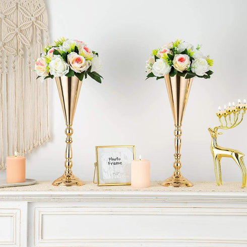 2 Pcs Tabletop Metal Wedding Flower Trumpet Vase, Table Decorative Centerpiece, Artificial Flower Arrangements for Anniversary Ceremony Party Birthday Event Aisle Home Decoration (Gold)