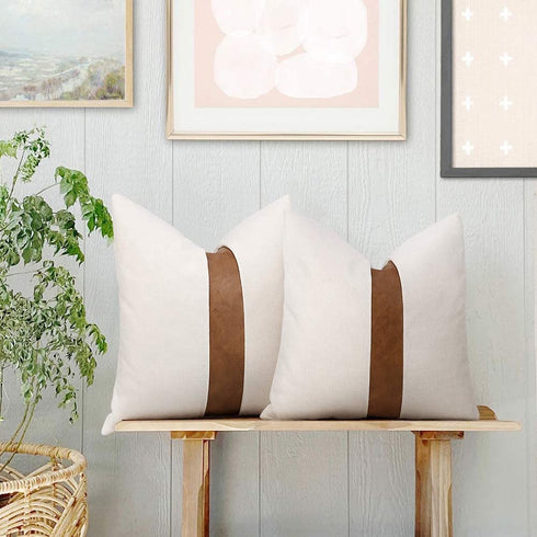 cygnus Set of 2 White Linen Patchwork Faux Leather Throw Pillow Covers for Couch Living Room Bedroom, Modern Accent Decor Square Cushion Covers 18X18 inch, Brown and White