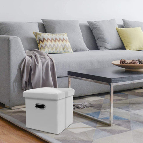 YQYS Faux Leather Cube Ottoman with Hole Handles,Folding Storage Ottomans with Removable Lid Cover, Modern Footrest Stool, Padded Seat for Living Room, Bedroom and Kids Room 11.8"x11.8"x11.8" - White