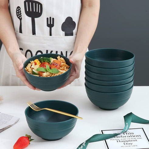 Kyraton Plastic Cereal Bowls 8 Pieces, Unbreakable And Reusable Light Weight Bowl For Rice Noodle Soup Snack Salad Fruit BPA Free Dishwasher Safe (Dark Green)