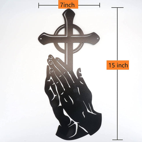 Steel Peaceful Praying Hands with Cross for Prayer - 15"X7" Inch Large Metal Wall Mount Holy Decor and Bibical Hanging Decoration (Black)