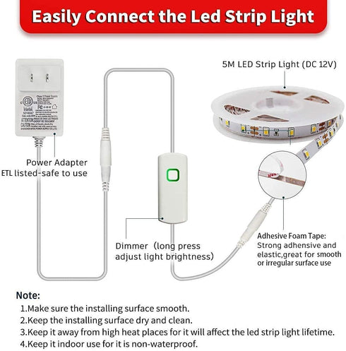 LED Strip Lights Warm White, 16.4ft Dimmable LED Light Strip with Memory Function, 300 Bright 3000K 2835 LEDs, Self-Adhesive 12v Flexible LED Rope Lights for Kitchen Cabinet Bedroom Home Party Decor