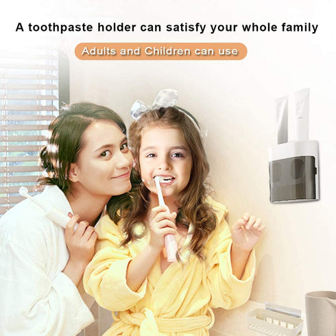QQJ Wall-Mounted Toothbrush Holder-Electric Toothbrush Holder with Two Toothpaste squeezers and Toothbrush Storage Box. Automatic Toothpaste Dispenser with dust Cover, Suitable for Bathroom (White)