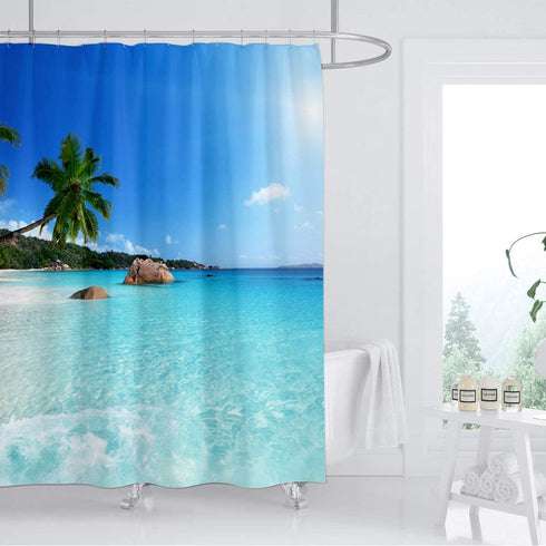 BIYSUC Ocean Beach Shower Curtain Blue Sky Tropical Sunshine Sand Sea Wave Plam Trees Beautiful Seaside Scene Fabric Waterproof Polyester Fabric Bathroom Decoration 72x72 Inch with 12pcs Plastic Hooks