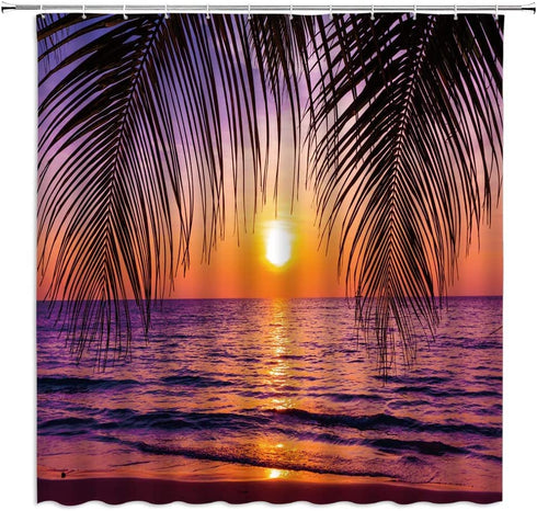YSATNSFT Ocean Sunset Shower Curtain Tropical Beach Ocean Palm Tree Leaf Sunrise Sunset Theme Orange Sky Sea Water Wave Nature Scenery Fabric Bathroom Decor Set with Hooks(70" WX70 H)