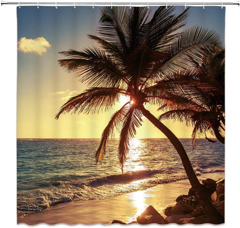 XZMAN Beach Shower Curtain Tropical Hawaii Coastal Palm Tree Ocean Sunset Wave Nature Landscape Black Yellow Fabric Bathroom Decor Curtain Set Include Hooks,(70" WX70 H)