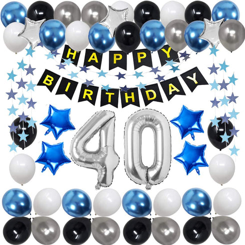 40th Birthday Decorations for Men Women Boy Girl,Blue Black Birthday Party Supplies with 40 Silver Number Balloon Happy Birthday Banner for 40th and 4th Birthday Party