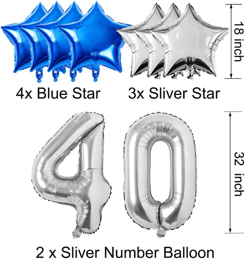 40th Birthday Decorations for Men Women Boy Girl,Blue Black Birthday Party Supplies with 40 Silver Number Balloon Happy Birthday Banner for 40th and 4th Birthday Party