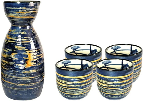 Sake Set Blue Japanese 5 Pieces Traditional Japanese Sake Cup Set Hand Painted Design Porcelain Pottery Ceramic Cups Crafts Wine Glasses Gifts (Blue Wise, 200 ML)