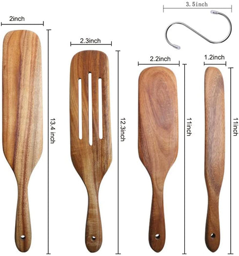 4 PCS Wooden Spurtle Spoons/Utensils Set For Cooking, Natural Acacia Wood Wok Spatula Kitchen Tools Set with 4 Hooks for Stirring Mixing When Cooking Steak Salad Butter