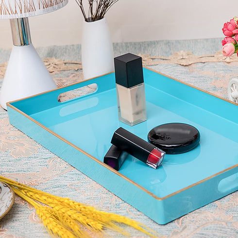 MAONAME Blue Serving Tray with Handles, Modern Decorative Tray for Coffee Table, Plastic Rectangular Tray for Ottoman, Bathroom, Decor, 15.75? x 10.2? x1.57