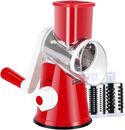 Ancevsk Manual Rotary Cheese Grater - Round Vegetable Slicer with 3 Interchangeable Blades for veggie, Nuts, Fruit ?Red?