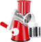 Ancevsk Manual Rotary Cheese Grater - Round Vegetable Slicer with 3 Interchangeable Blades for veggie, Nuts, Fruit ?Red?