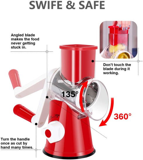 Ancevsk Manual Rotary Cheese Grater - Round Vegetable Slicer with 3 Interchangeable Blades for veggie, Nuts, Fruit ?Red?