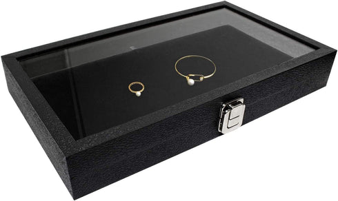 Ikee Design Leatherette Wooden Jewelry Display Case with Glass Top and Black Velvet Pad, Home Organization Storage Box, Wooden Jewelry Tray for Collectibles, 14.75"W x 8.25"D x 2.13''H